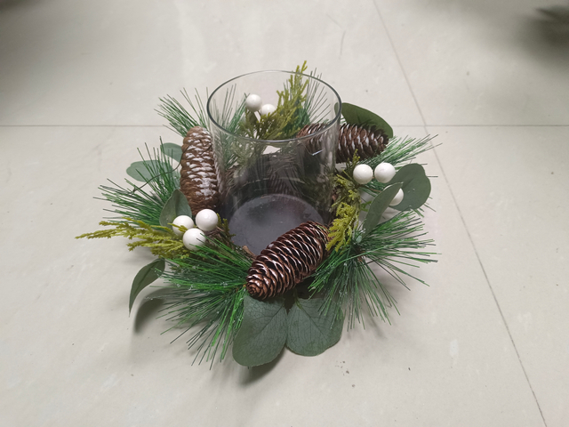 candle holder pine cone with snow & green leaves white balls - 3