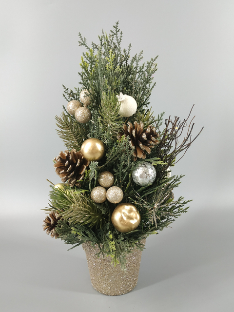 X'mas Green Mini Tree with red fabric basin + Glitter diff col. ball/pine cone - 15