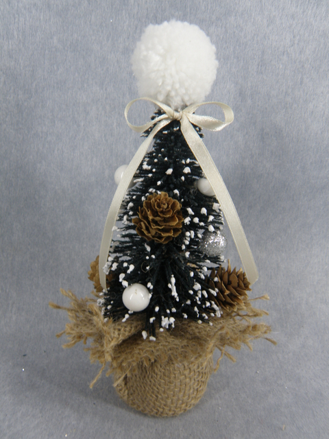 X'mas Green Mini Tree with top cotton ball+ white flocking with fabric basin +Glitter diff col. ball/pine cone/leaf- 8