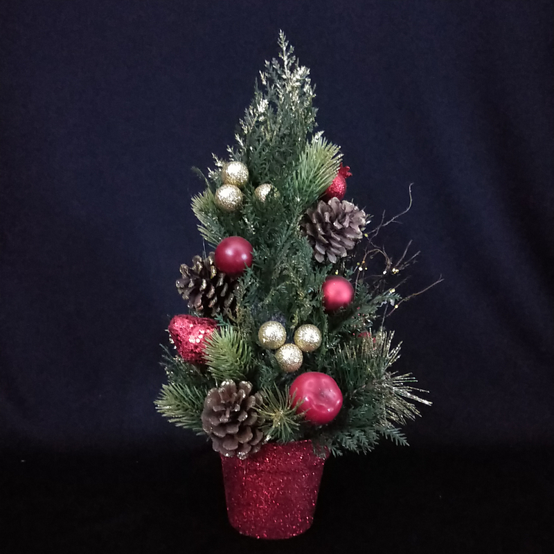 X'mas Green Mini Tree+flocking with basin +Red and Giltter ball/Glitter pine cone - 46