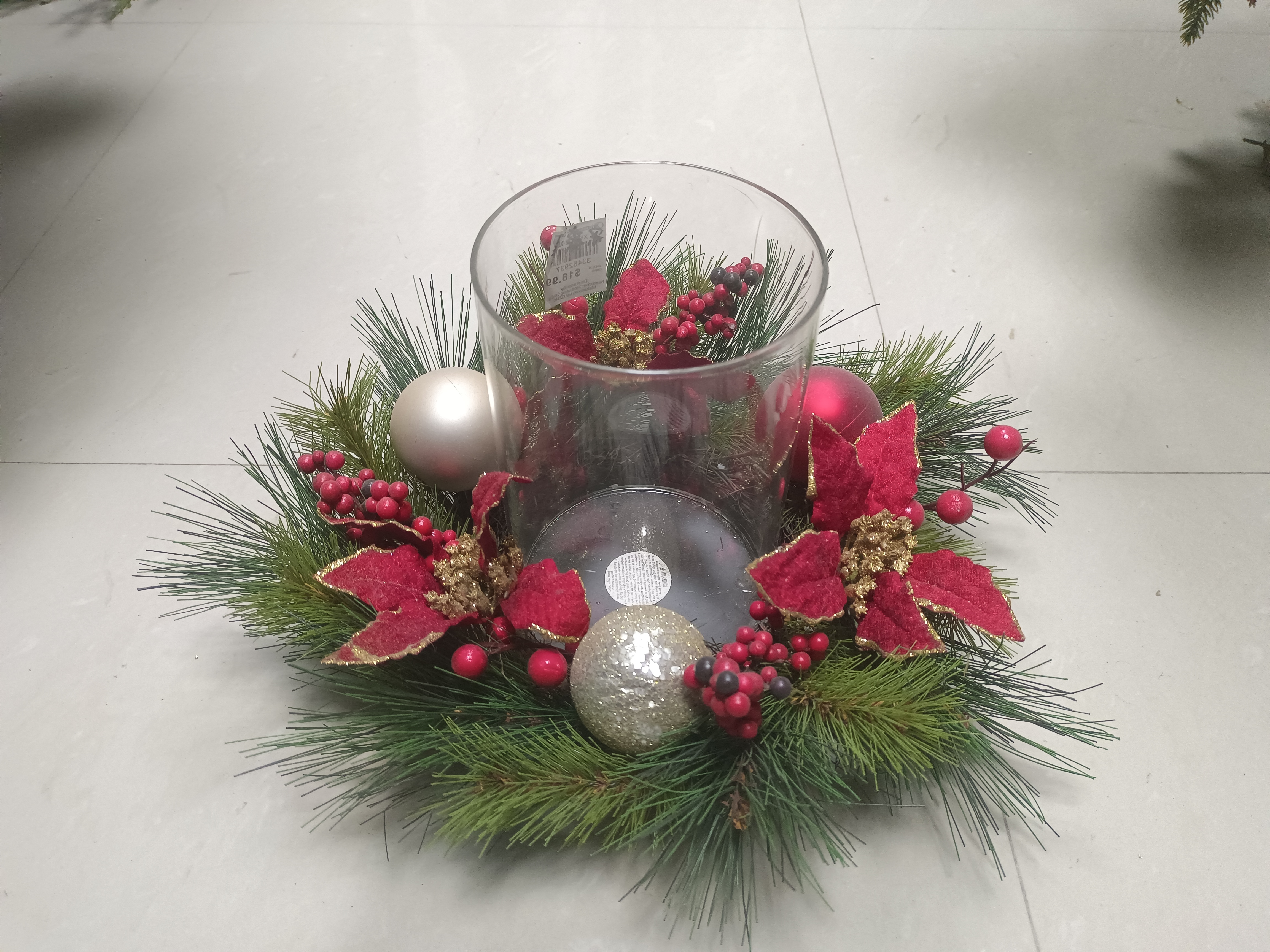 Candle Holder Gold Balls Red Leaves - 9