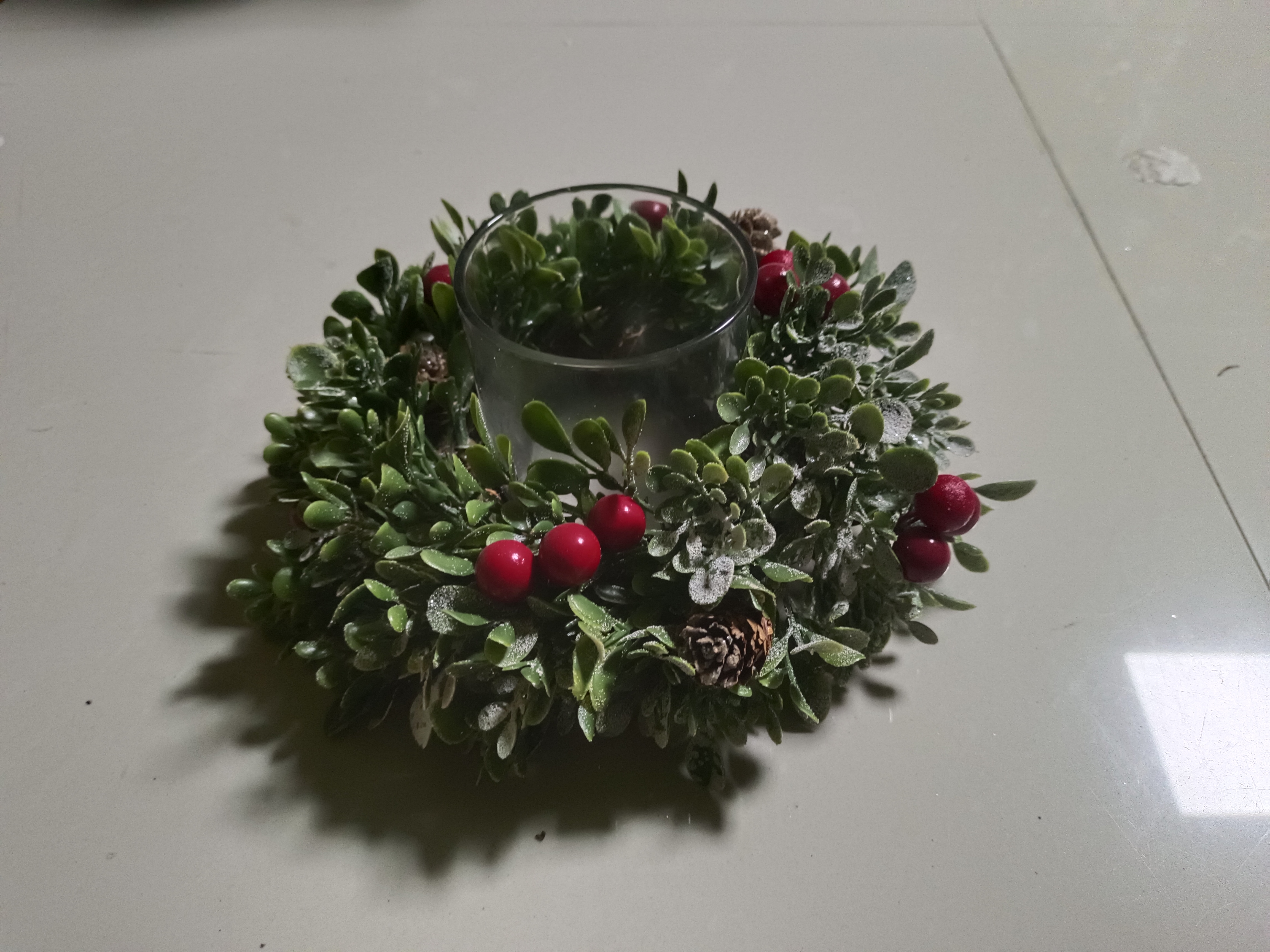 Candle Holder Green Leaves & Snow Red Balls Pine Cone - 4
