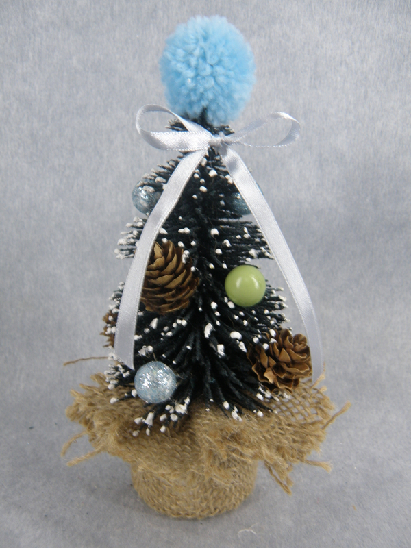 X'mas Green Mini Tree with top cotton blue ball+ white flocking with fabric basin +Glitter diff col. ball/pine cone/leaf - 7