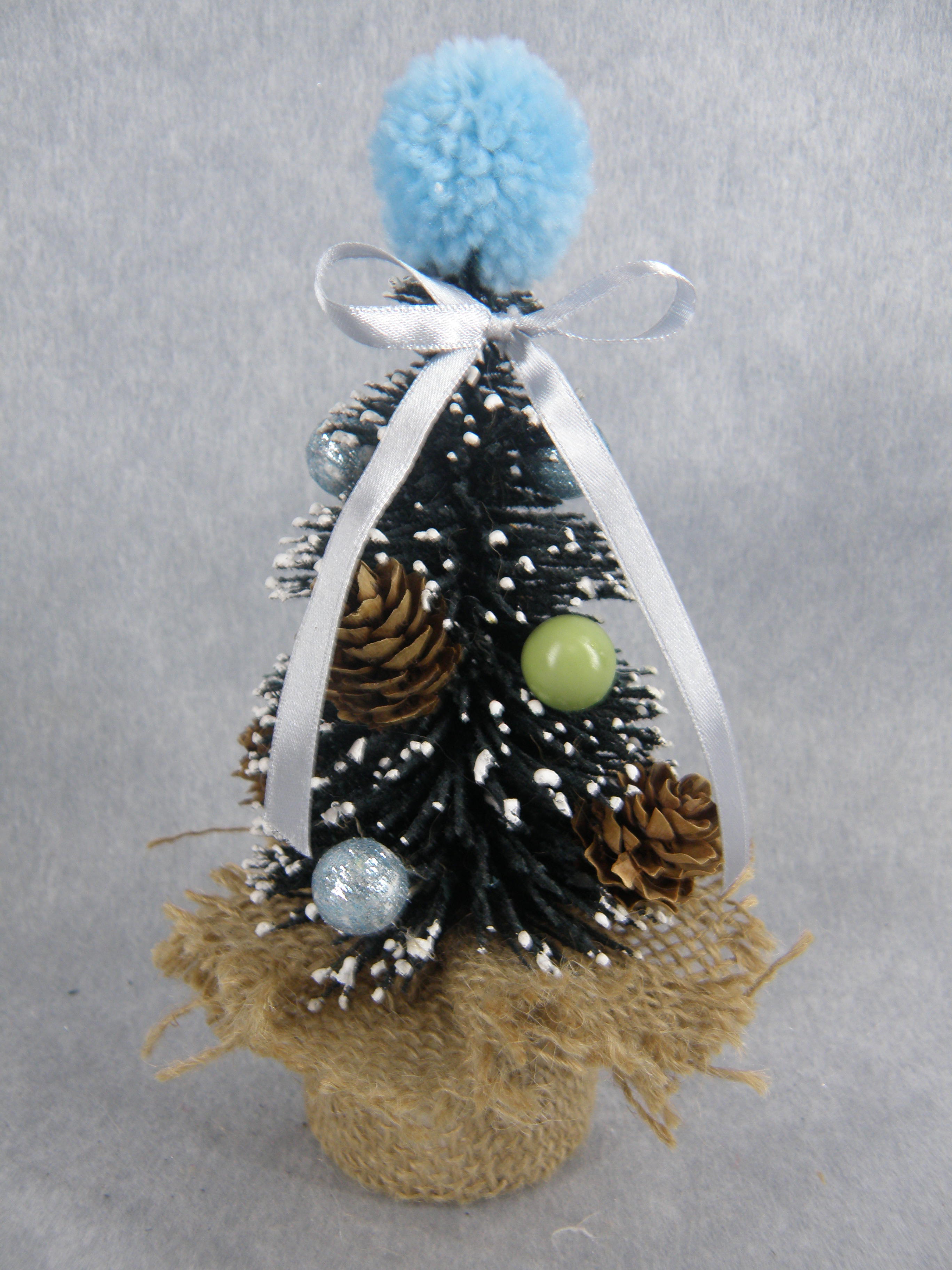 X'mas Green Mini Tree with top cotton blue ball+ white flocking with fabric basin +Glitter diff col. ball/pine cone/leaf - 7