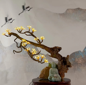 Welcoming Pine Branch Lamp with Base & Buddha Figurine - 210 LED Warm White Lights