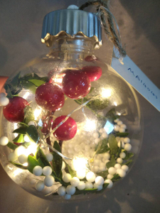 Christmas Berry Globe Ornament with 10-LED Copper Wire Warm White Lights | 8cm Diameter × 11cm Height | Hand-Painted Frosted Fruit Design | Glass-Like Transparent Shell